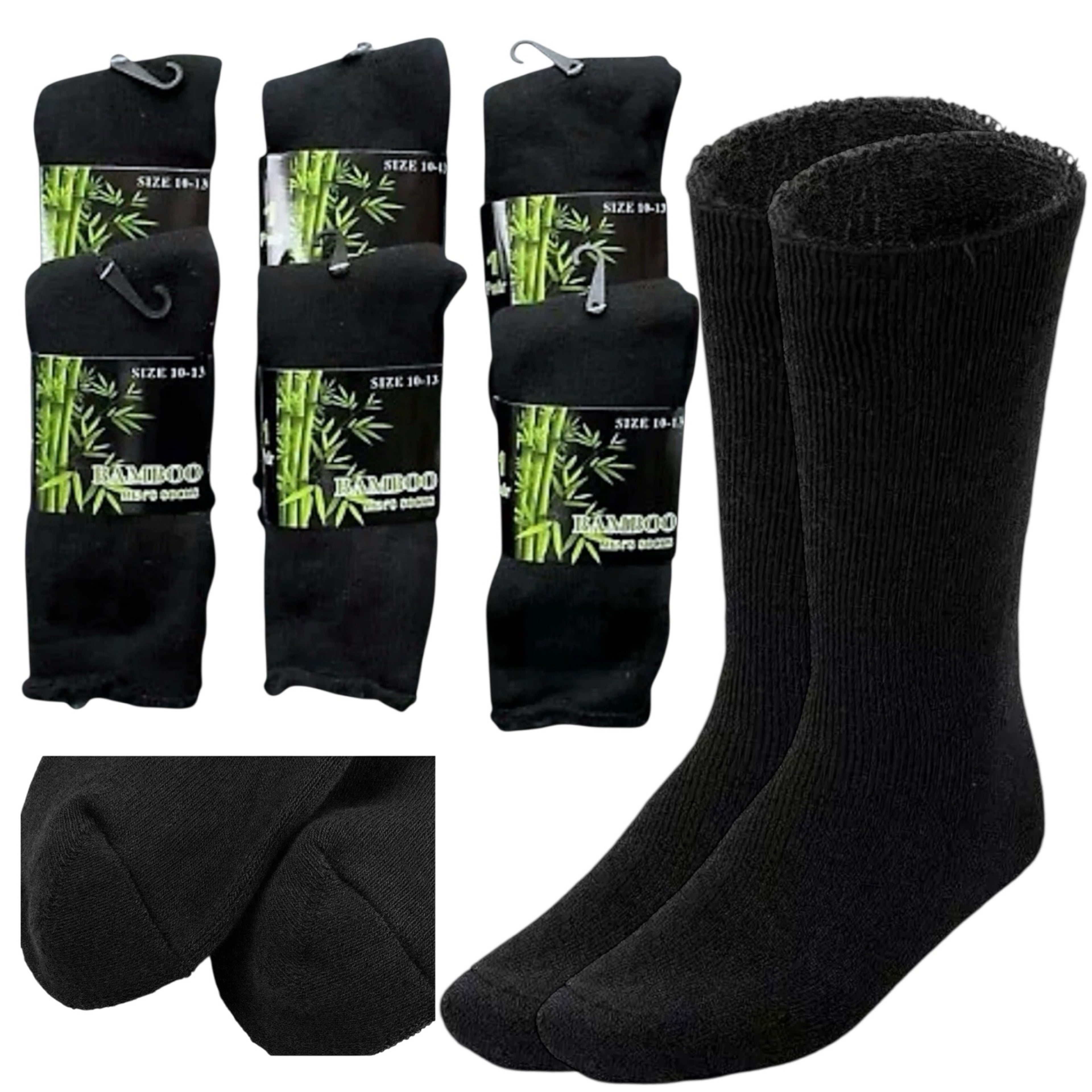 Men’s Bamboo Work Socks Size 10–13 — Thermal Cushioned Crew, Black (3–12 Pairs)